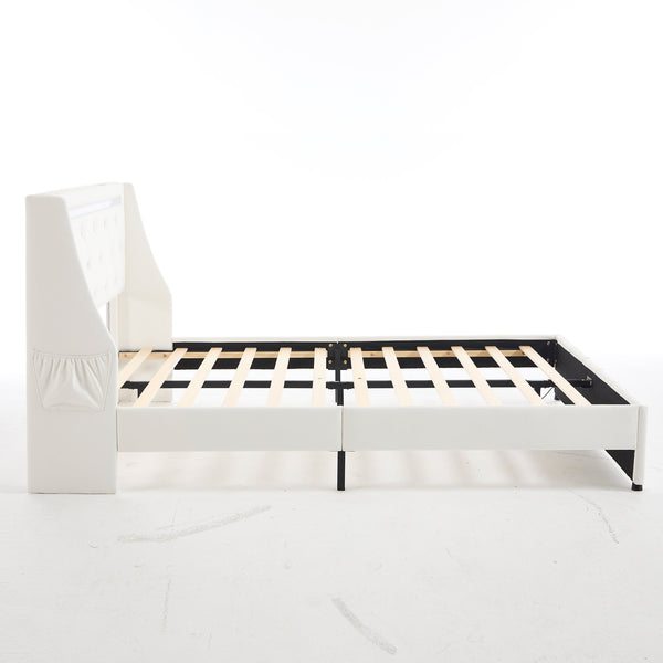 English Elm Full Platform Bed Faux Leather Diamond Tufted Headboard Led Lighting Charging Station White W5722P462371