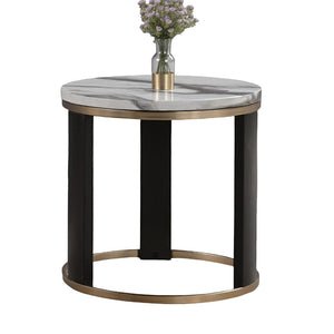 English Elm Contemporary Round End Table With Marble Top, Gold Rings, And Stylish Wooden Legs For Modern Elegance B2741P395328