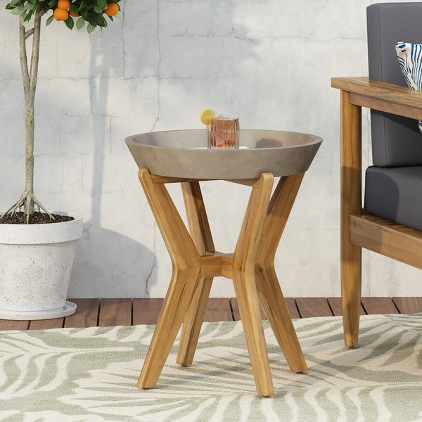 English Elm Yukon Outdoor Side Table Concrete Top Solid Acacia Wood Base Patio Accent 70618.00LGRY