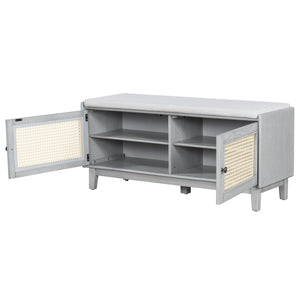 English Elm Trexm Bohemian Rattan Storage Bench Cushioned Seat Shoe Cabinet for Entryway Beige,Gray Wash N715P308012E