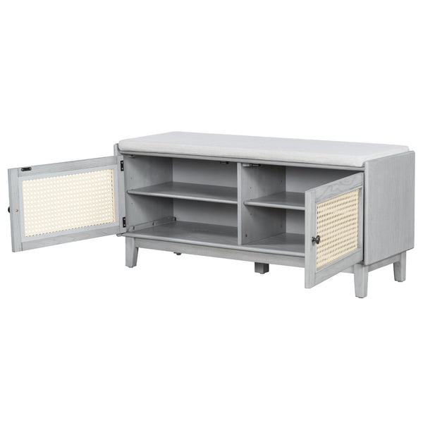 English Elm Trexm Bohemian Rattan Storage Bench Cushioned Seat Shoe Cabinet for Entryway Beige,Gray Wash N715P308012E
