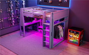 English Elm Wood Full Size Gaming Loft Bed with Integrated Desk, Shelves, LED Lighting & Hanging Clothes Rack Gray N7090001042E