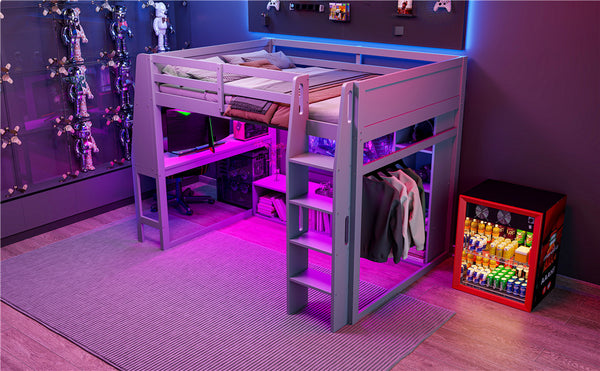 English Elm Wood Full Size Gaming Loft Bed with Integrated Desk, Shelves, LED Lighting & Hanging Clothes Rack Gray N7090001042E