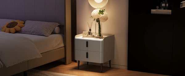 English Elm Nightstand with Marble-Pattern Top and Raised Guard, 2 Drawers for Organized Stylish Bedroom Decor Gray 23.4 L x 18.5 W x 9.06 H N733P332142E