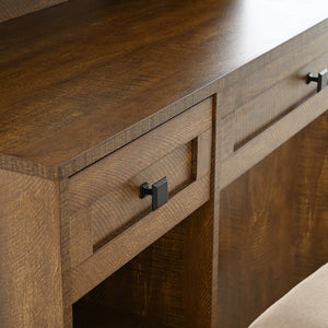 English Elm Farmhouse Makeup Vanity Desk with Lighted Mirror, Built-In Charging Station, Ample Storage and Stool Rustic Brown N844P291652W