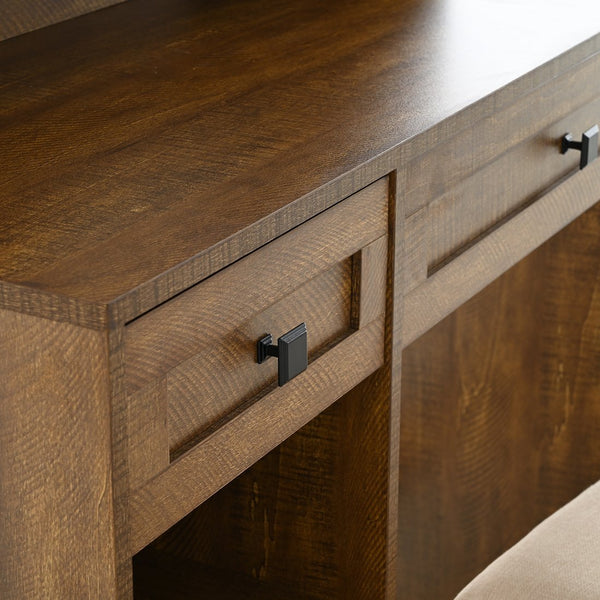 English Elm Farmhouse Makeup Vanity Desk with Lighted Mirror, Built-In Charging Station, Ample Storage and Stool Rustic Brown N844P291652W