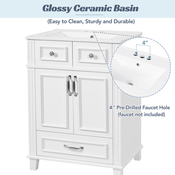 English Elm 24'' Retro Bathroom Vanity Solid Rubberwood Frame Ceramic Sink Soft Close Storage White N710P405405K