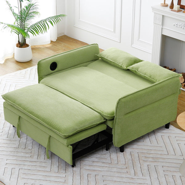English Elm 65.74-inch convertible letter sofa bed with adjustable armrests, pull-out extension, cup holders, durable frame and plush sponge cushions Green W3371P311474