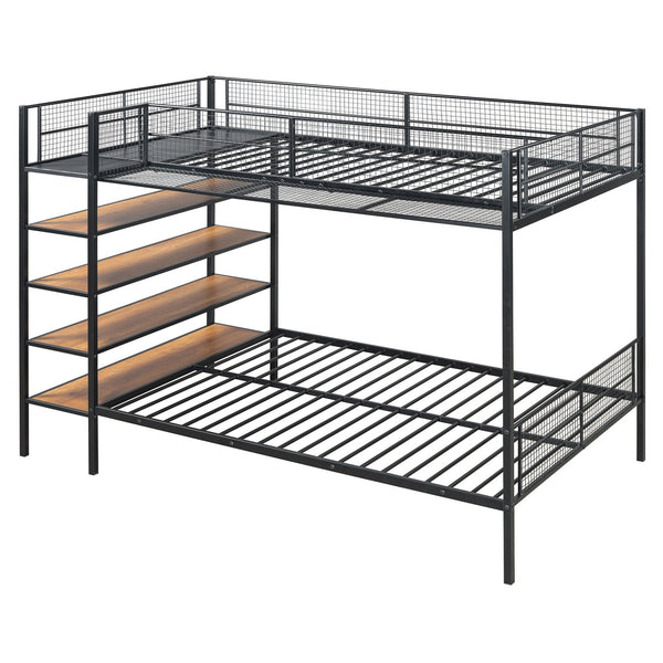English Elm Twin Twin Over Full Metal Bunk Bed with 5-Tier Staircase Shelves, Space-Saving Storage & Wood Accents Black SF000175AAB