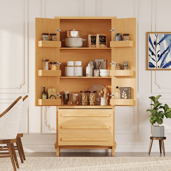 English Elm 70" Tall Pantry Cabinet Rubberwood Legs Three Drawers Six Door Shelves Kitchen Storage Natural N762P326960N