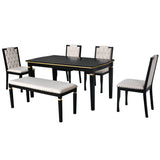 English Elm 6-Piece Kitchen Dining Table Set, 60" Rectangular Table and 4 High-Back Tufted Chairs & 1 Bench For Dining Room and Kitchen (Black)