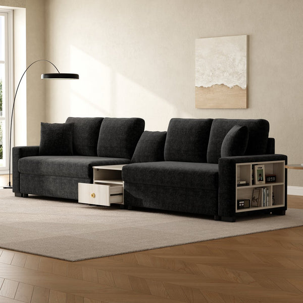 English Elm Modern Chenille Modular Sofa with Storage Armrest Console Table Living Room Seating Black N763S000064B