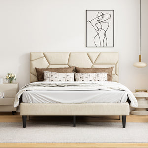 English Elm Queen Linen Storage Bed Frame with Quiet Rubberwood Headboard, No Box Spring, Easy Assembly Beige W2896P208878