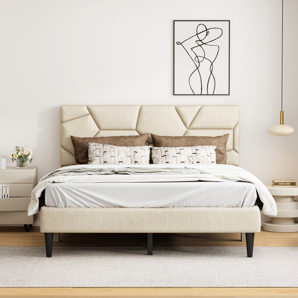 English Elm Queen Linen Storage Bed Frame with Quiet Rubberwood Headboard, No Box Spring, Easy Assembly Beige W2896P208878