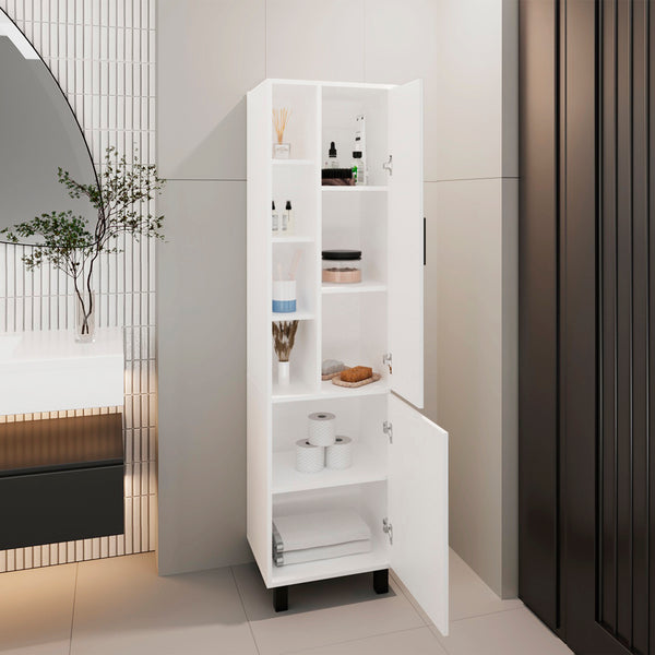 English Elm Delta Storage Cabinet Modern White Bathroom Organizer with 3 Open Shelves, 2 Closed Compartments, Elevated Black Legs — Durable Engineered Wood (45.67x22.83x7) B092P315578
