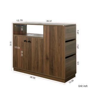 English Elm Kitchen Small Sideboard Countertop Organizer with Sliding Glass Doors, 3 Drawers & Display Shelf, Modern Storage Cabinet W331P289098