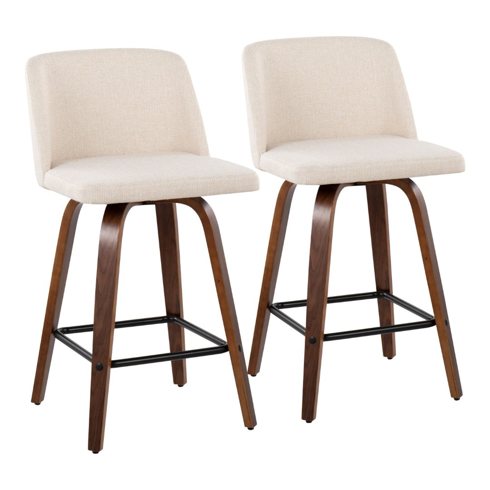 English Elm Toriano Mid-Century Modern Counter Stools Set Of 2 In Walnut Wood & Cream Fabric For Stylish Dining B202S00453-GIGA