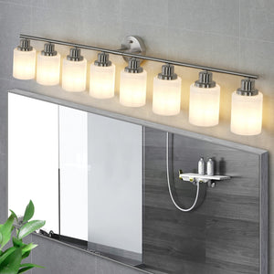 English Elm 52" Modern 8-Light Vanity Wall Sconce – Brushed Nickel & Frosted Glass, Ideal For Bathrooms & Hallways W2312P374812