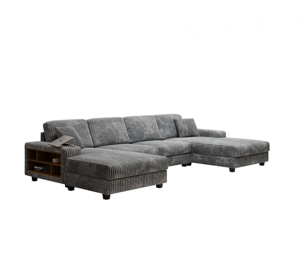 English Elm Convertible U-Shaped Sofa With Storage, Modern Corduroy 4-Seat Lounge For Cozy Living Rooms W1793S00028