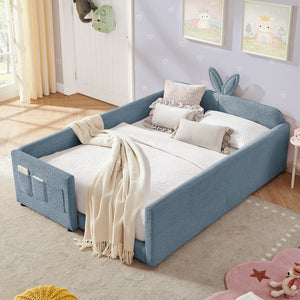 English Elm Full Size Boucle Platform Bed Whimsical Rabbit Ear Headboard with Safety Rail Sky Blue W1413S00137