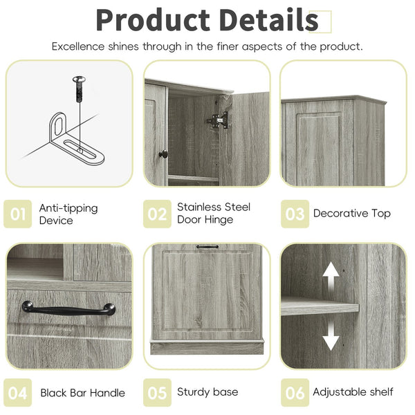 English Elm Tall Storage Cabinet with Flip-Out Basket, Adjustable Shelves & Aluminum Handles for Organized Living Oak N725P322739L