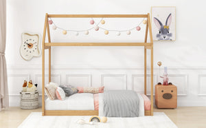 English Elm Twin Size Wooden House Bed with Pine & MDF Frame, Low Height Safety Design, Easy Assembly, 400lb Capacity N716P227423D