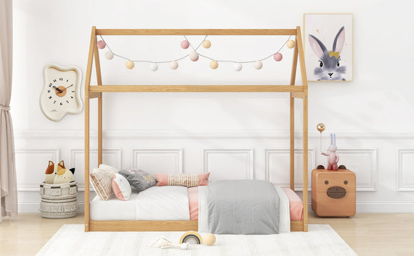 English Elm Twin Size Wooden House Bed with Pine & MDF Frame, Low Height Safety Design, Easy Assembly, 400lb Capacity N716P227423D