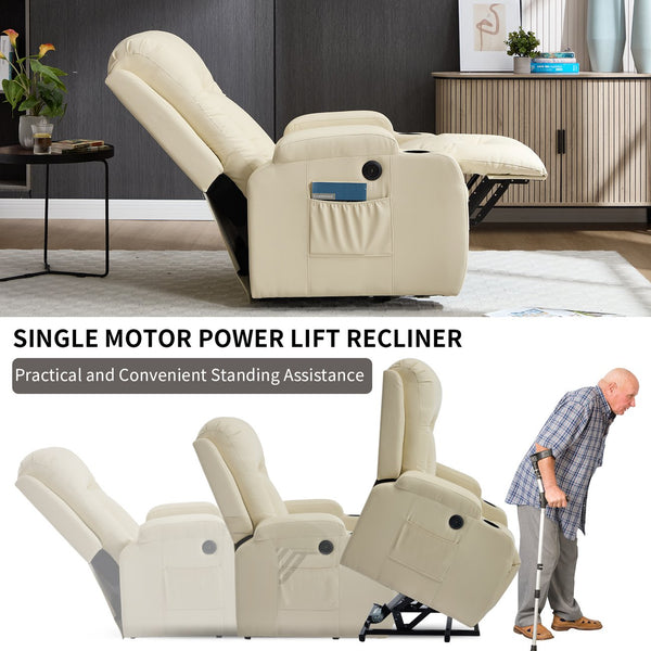 English Elm Beige Pu Leather Power Lift Recliner with Massage Lumbar Heat and Usb Charging Beige W1803S00085