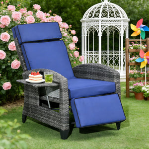 English Elm Reclining Pe Wicker Outdoor Lounge Chair with Footrest and Built-in Side Tray T3971P444413