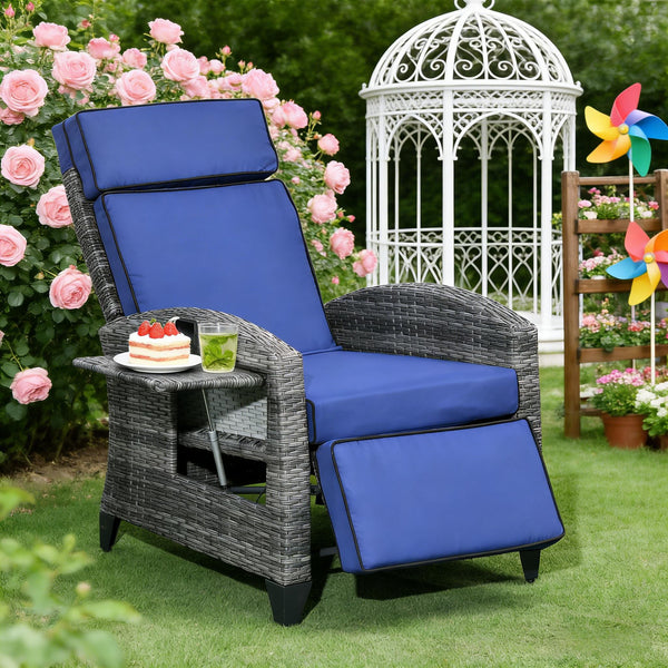 English Elm Reclining Pe Wicker Outdoor Lounge Chair with Footrest and Built-in Side Tray T3971P444413