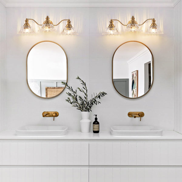 English Elm 24 Vintage 3-Light Bathroom Wall Sconce with Iron and Glass Shades - Elegant Vanity Fixture for Mirror Gold W1340P284603