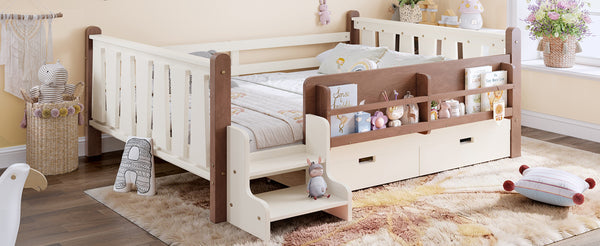 English Elm Twin Kids Platform Bed with Trundle Staircase Bookshelf and Rounded Safety Rails Beige W1580S00539