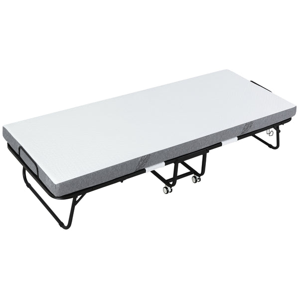 English Elm HOMCOM Foldaway Guest Bed with 4" Foam Mattress, Steel Frame on Locking Wheels, Space-Saving W2225P200758