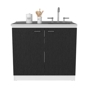 English Elm Freestanding Sink Cabinet With Double Doors, 2 Shelves, Stylish White & Black Finish For Storage B097S00140