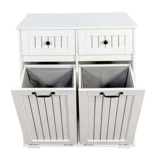 English Elm Laundry Sorting Cabinet with Two Hamper Bags Two Drawers and Melamine Finish W331P373959
