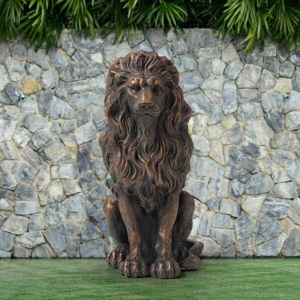English Elm 20.5" Matte Resin Lion Sculpture Hand Carved Guardian Statue for Garden or Entryway Brown W5709P490972