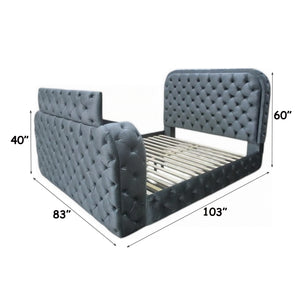 English Elm Gray Velvet Tufted Eastern King Bed with Led Headboard Fireplace and Motorized Tv Lift B2756S00008