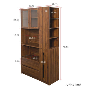 English Elm 70.87" Tall Kitchen Pantry Cabinet – Multi-Functional Storage With Glass Door, Drawers & Microwave Stand W331S00197