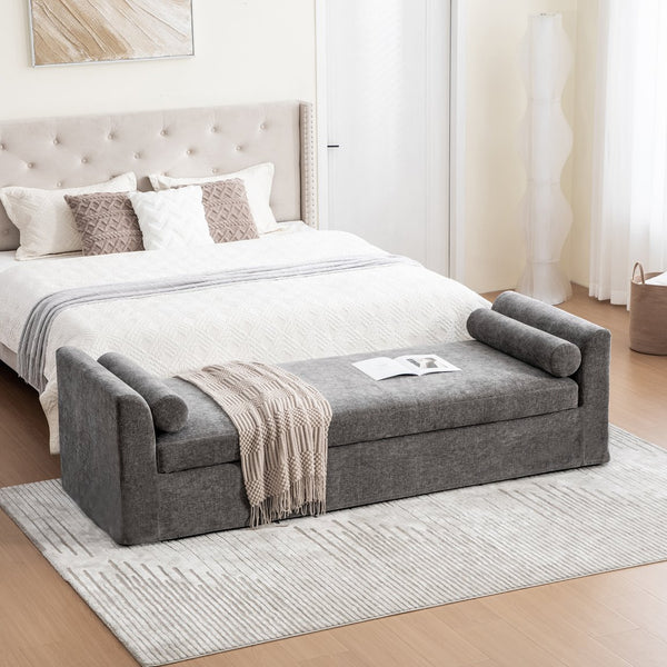 English Elm 88.58" Wide Chenille Upholstered Bench with Curved Armrests and Bolster Pillows for Bedroom Gray W3189S00028
