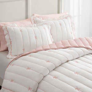 English Elm 3-piece Reversible Microfiber Quilt Set Bow Embroidery Ruffled Trim Romantic Bedroom Pink+White B035P482881