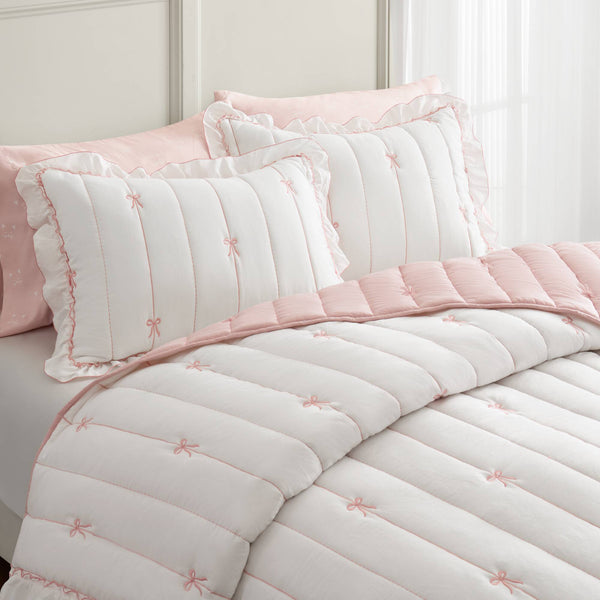 English Elm 3-piece Reversible Microfiber Quilt Set Bow Embroidery Ruffled Trim Romantic Bedroom Pink+White B035P482881