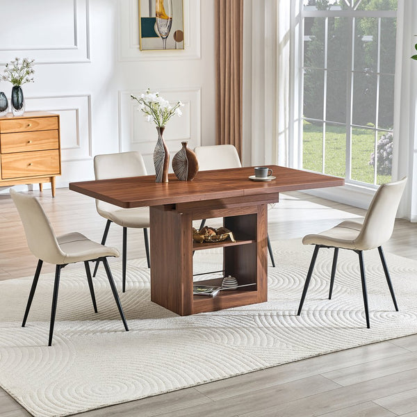 English Elm Scalable Extendable Dining Set Four Chairs Linen Upholstered Walnut Base Modern Walnut+Black,Warm Grey W1151S04717
