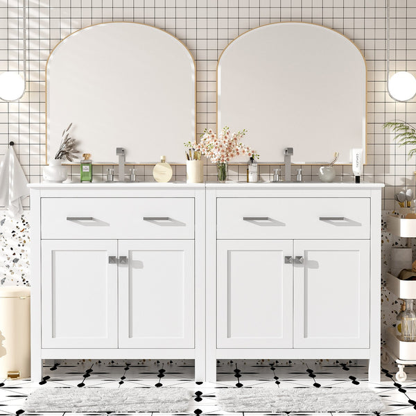 English Elm 60" Modern Bathroom Vanity Set with Double Ceramic Sinks, Soft-Close Doors, Flip Drawer & Storage White N729P000002K