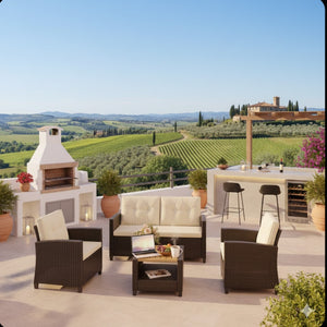 English Elm 4-piece Wicker Outdoor Conversation Set with Acacia Wood Table and Foam Cushions Beige+Brown B082S00061