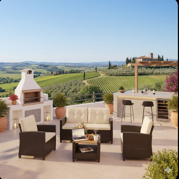 English Elm 4-piece Wicker Outdoor Conversation Set with Acacia Wood Table and Foam Cushions Beige+Brown B082S00061