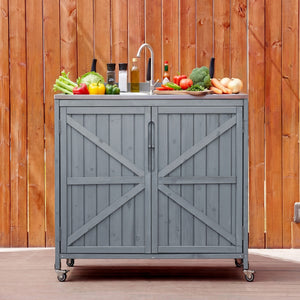 English Elm K&k Outdoor Prep Station Stainless Steel Top Fir Wood Cabinet with Drawer and Wheels N707P370281G