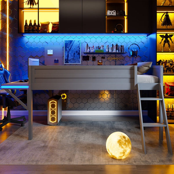 English Elm Wood Full Size Gaming Loft Bed with Desk, LED Lighting, Grey — Sturdy Pine Storage, 400lb Capacity, Space-Saving Design N709P236480E