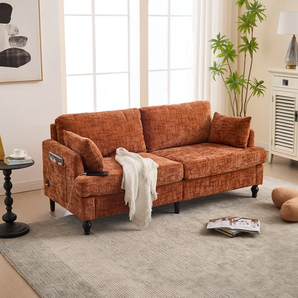 English Elm Modern chenille 2-seater sofa with LED, USB charging, storage pocket, solid wood legs, durable comfort Orange W395P318543
