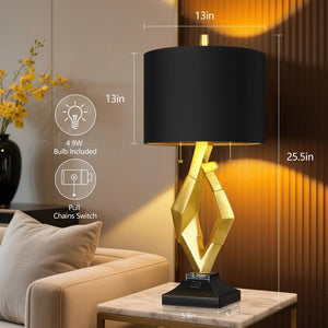 English Elm 25.5in Gold Resin Sculptural Bedside Lamp Set with Black Linen Shades and Usb Ports W3355P440837