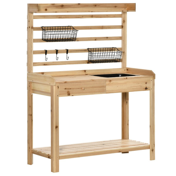 English Elm Outsunny Versatile Potting Bench With Removable Sink, Metal Sieve, Hooks & Baskets For Outdoor Use W2225P174501-GIGA